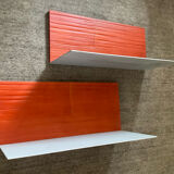 Pair of contemporary wall shelves in steel and stained wood