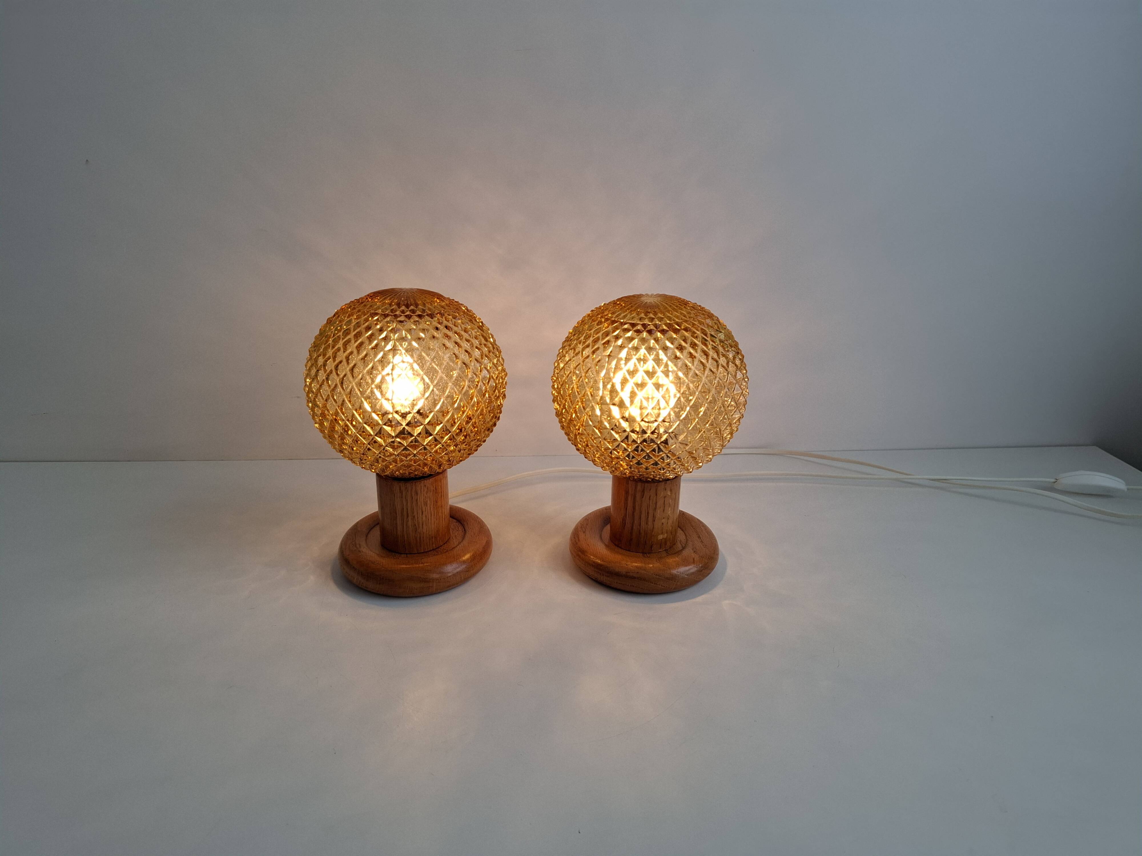 Pair of Mid-Century Table Lamps with Amber Glass and Wooden Base