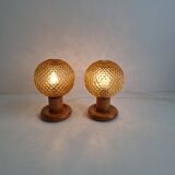 Pair of Mid-Century Table Lamps with Amber Glass and Wooden Base