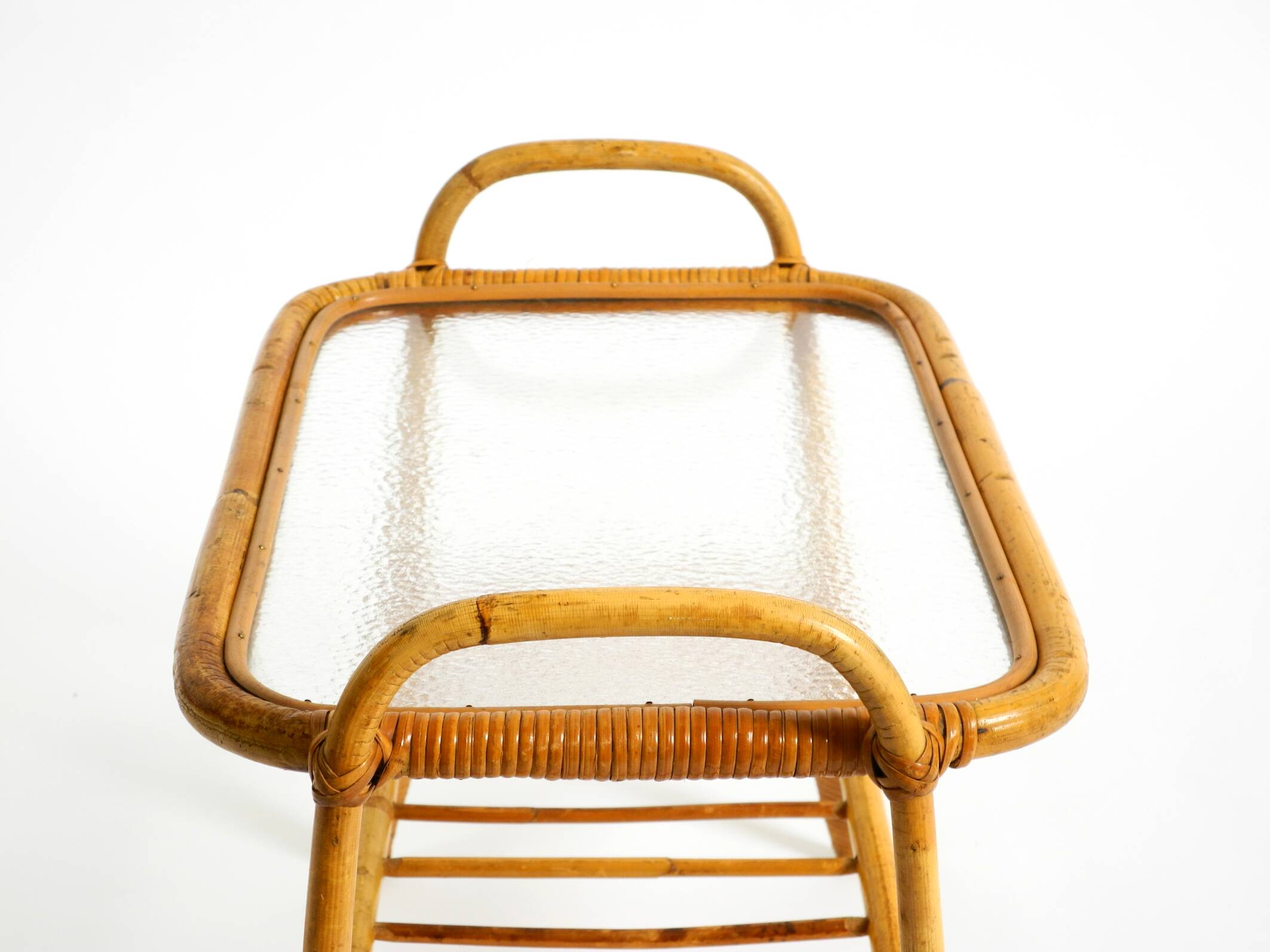 Lovely small Italian 60s bamboo side or coffee table with a iced glass top