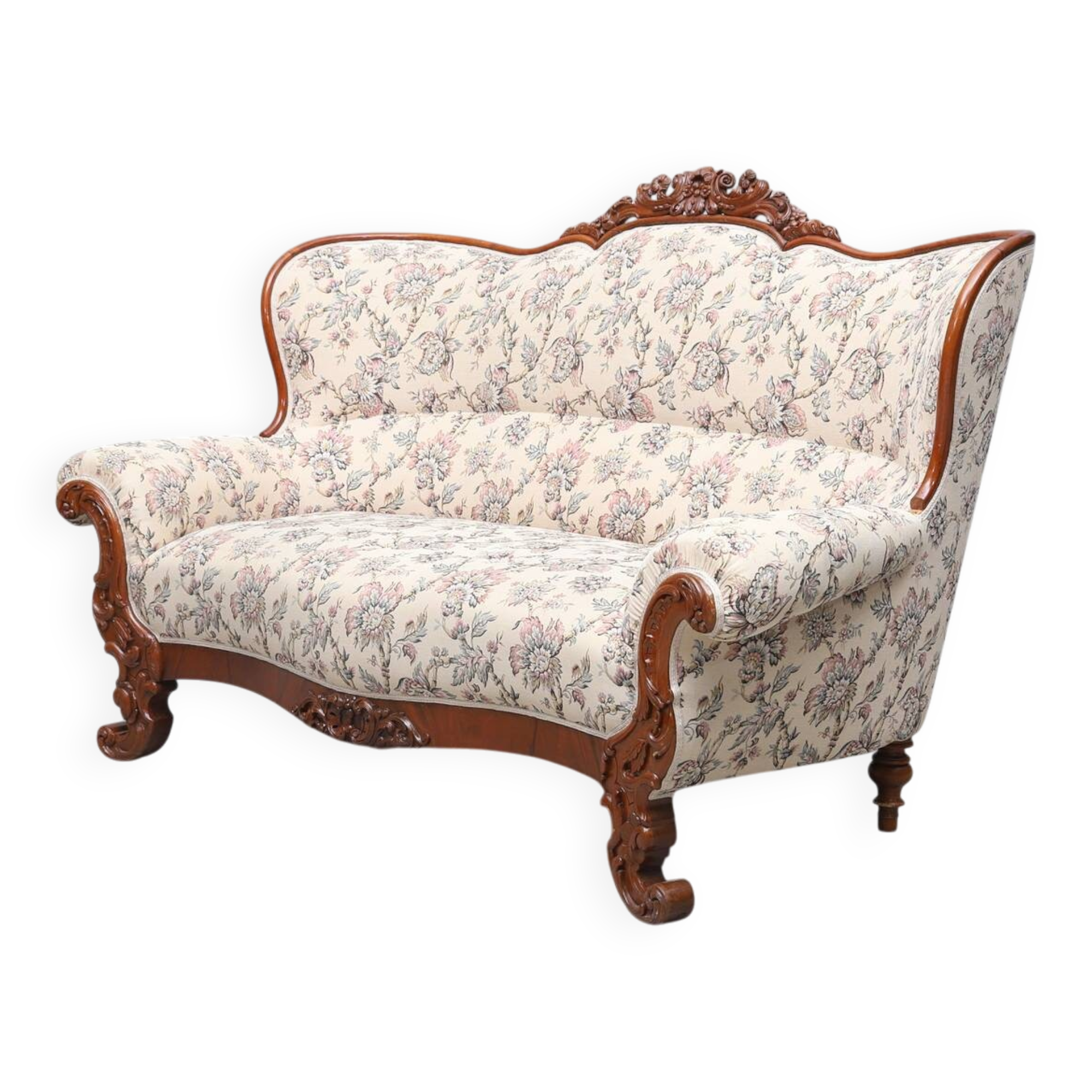 Sofa néo-rococo en acajou — Tissu d'ameublement — Élégance de style salon — 18ème