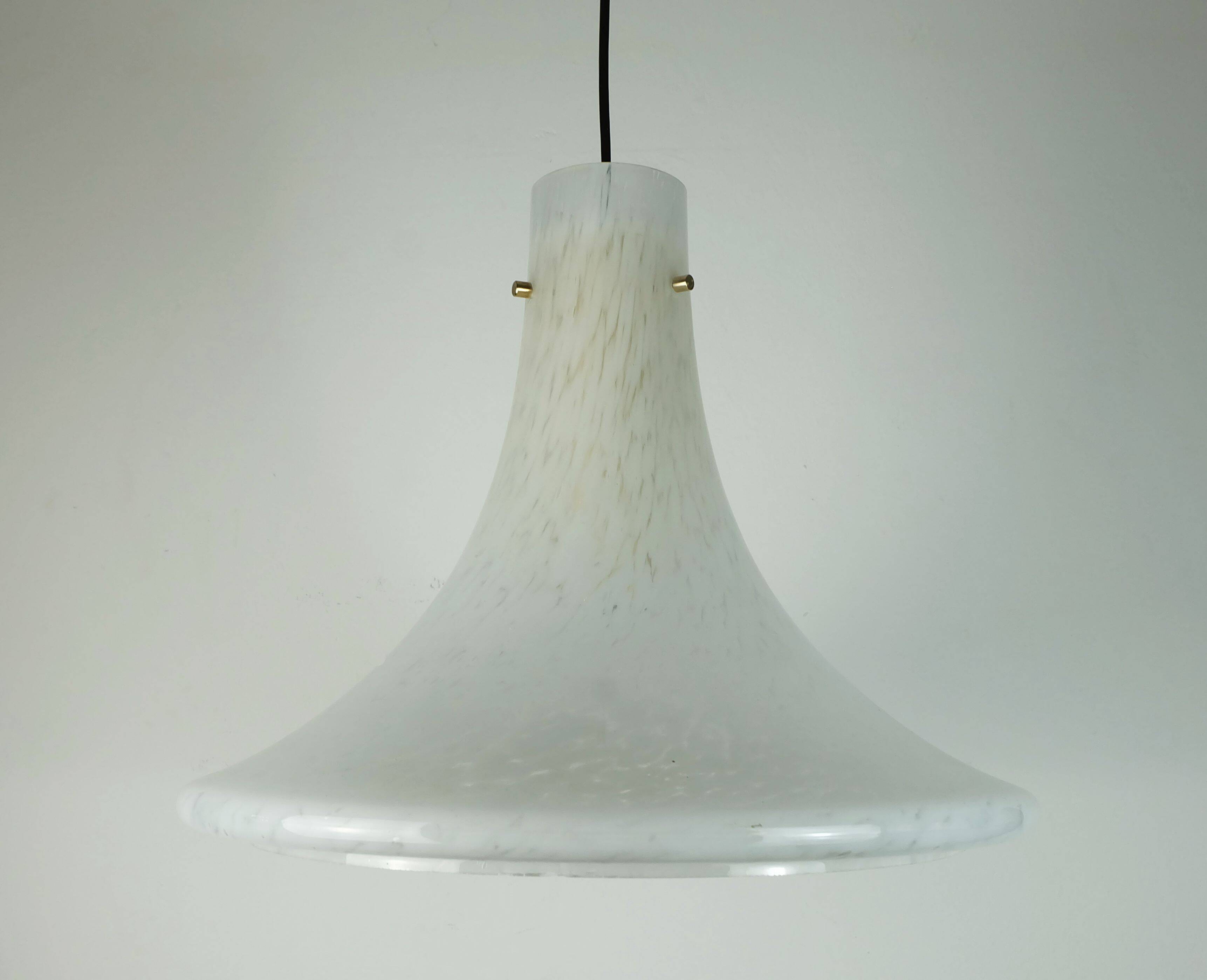large 1970s glashuette limburg PENDANT LIGHT white opaline bubble glass trumpet-shaped shade P283 42
