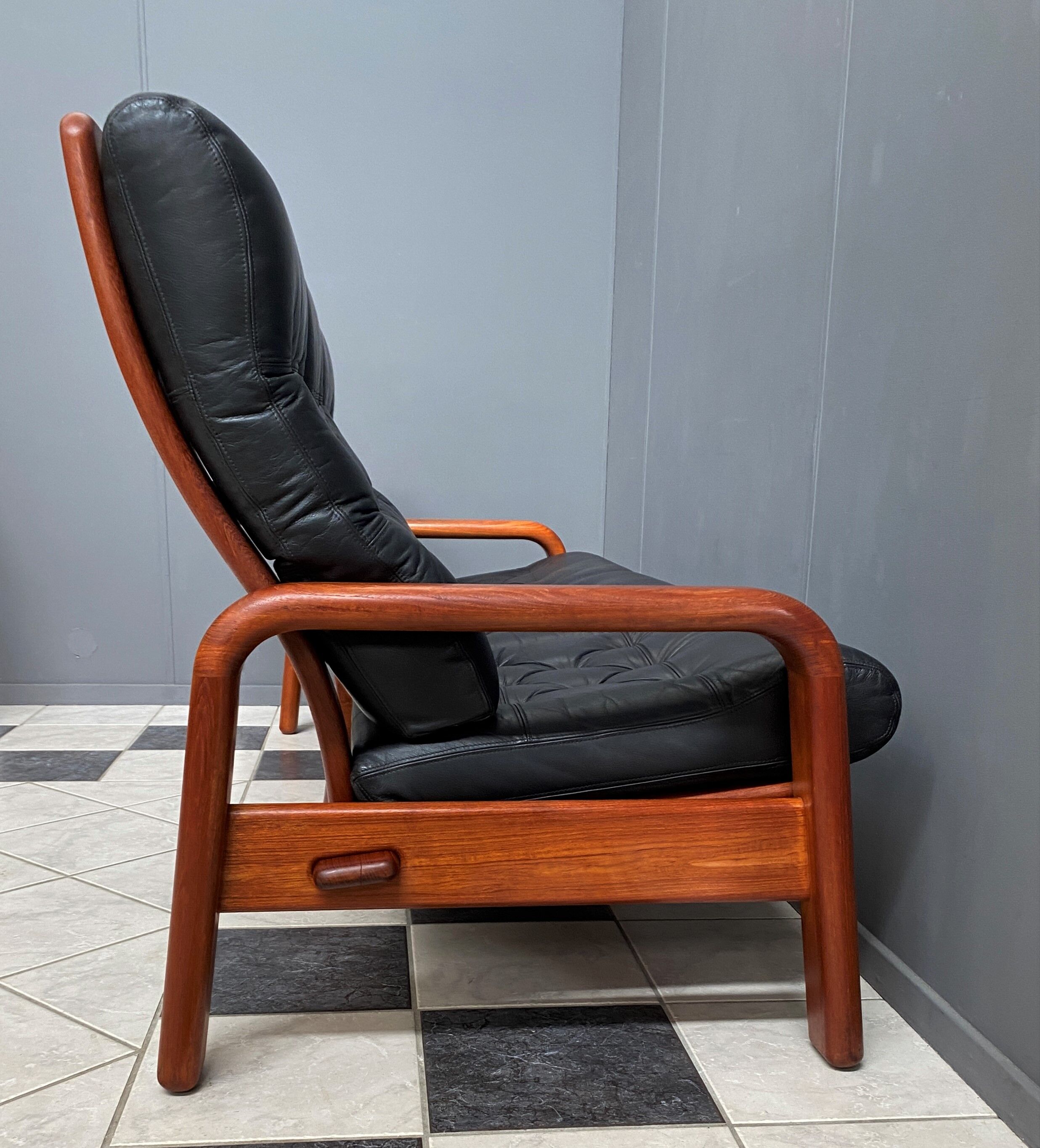 Teak and Black Leather 32 seat sofa by HS Denmark 1970s