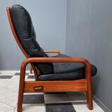 Teak and Black Leather 32 seat sofa by HS Denmark 1970s