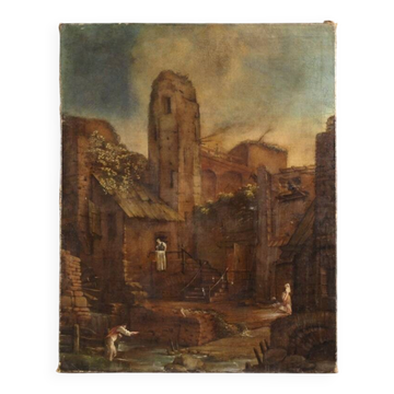 Antique Spanish landscape painting from the 18th century