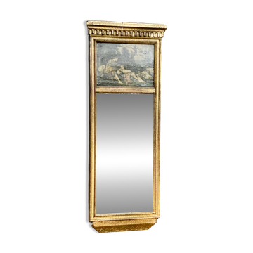 trumeau mirror 20th century gilded carved wood with reproduction of a pastoral scene