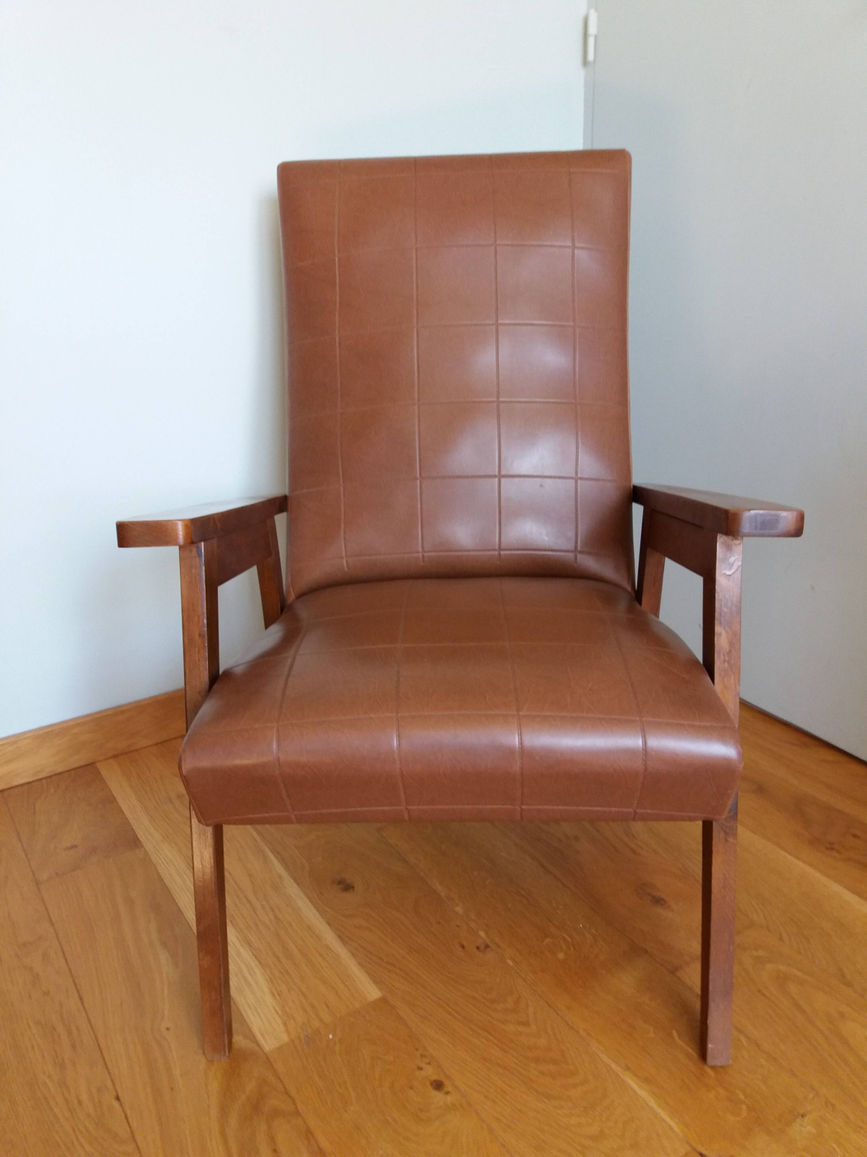 Scandinavian brown skai and wood armchair