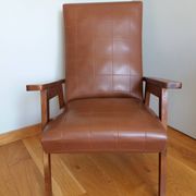 Scandinavian brown skai and wood armchair