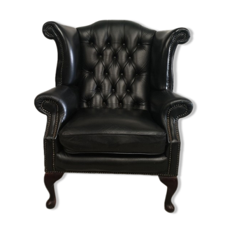 Fauteuil bergère chesterfield cuir noir