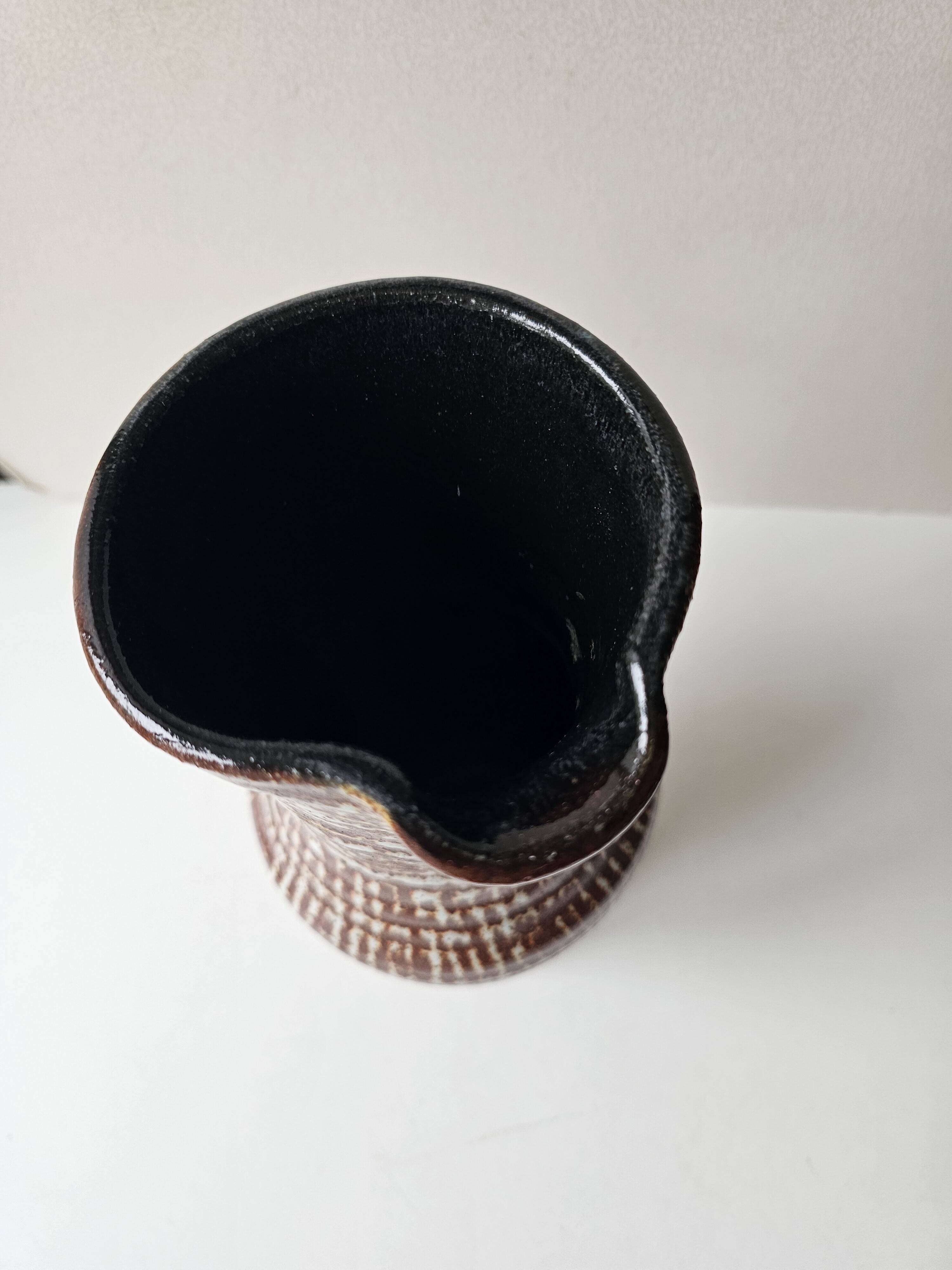 Large brown glazed ceramic pitcher signed accolay - height 31cm