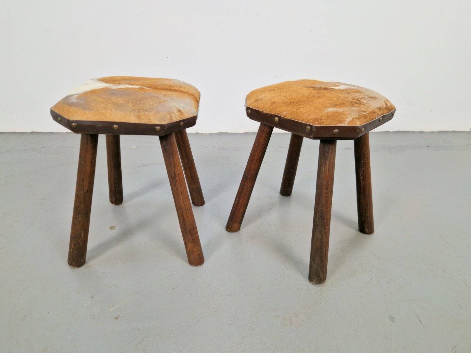 Vintage Milk Stools with Cowhide, 1950s, Set of 2