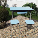 Blue formica table and two stools