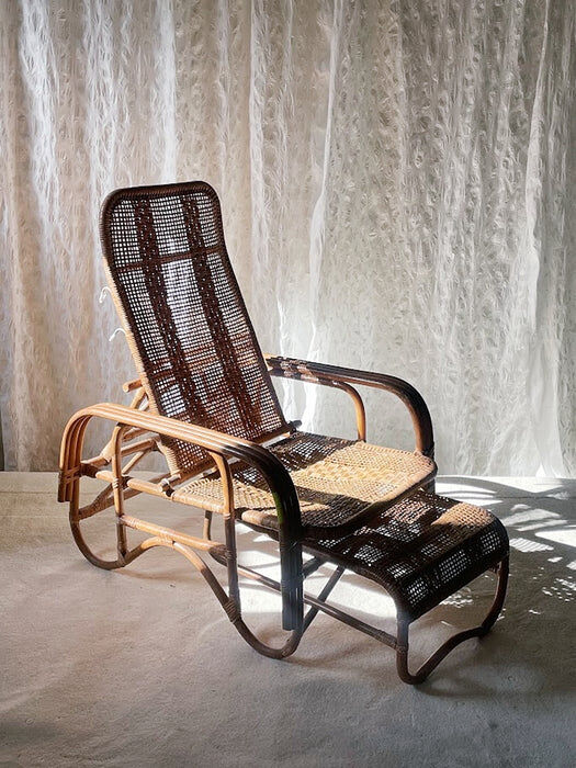 Mid-century adjustable rattan lounge chair with retractable footrest, Japan