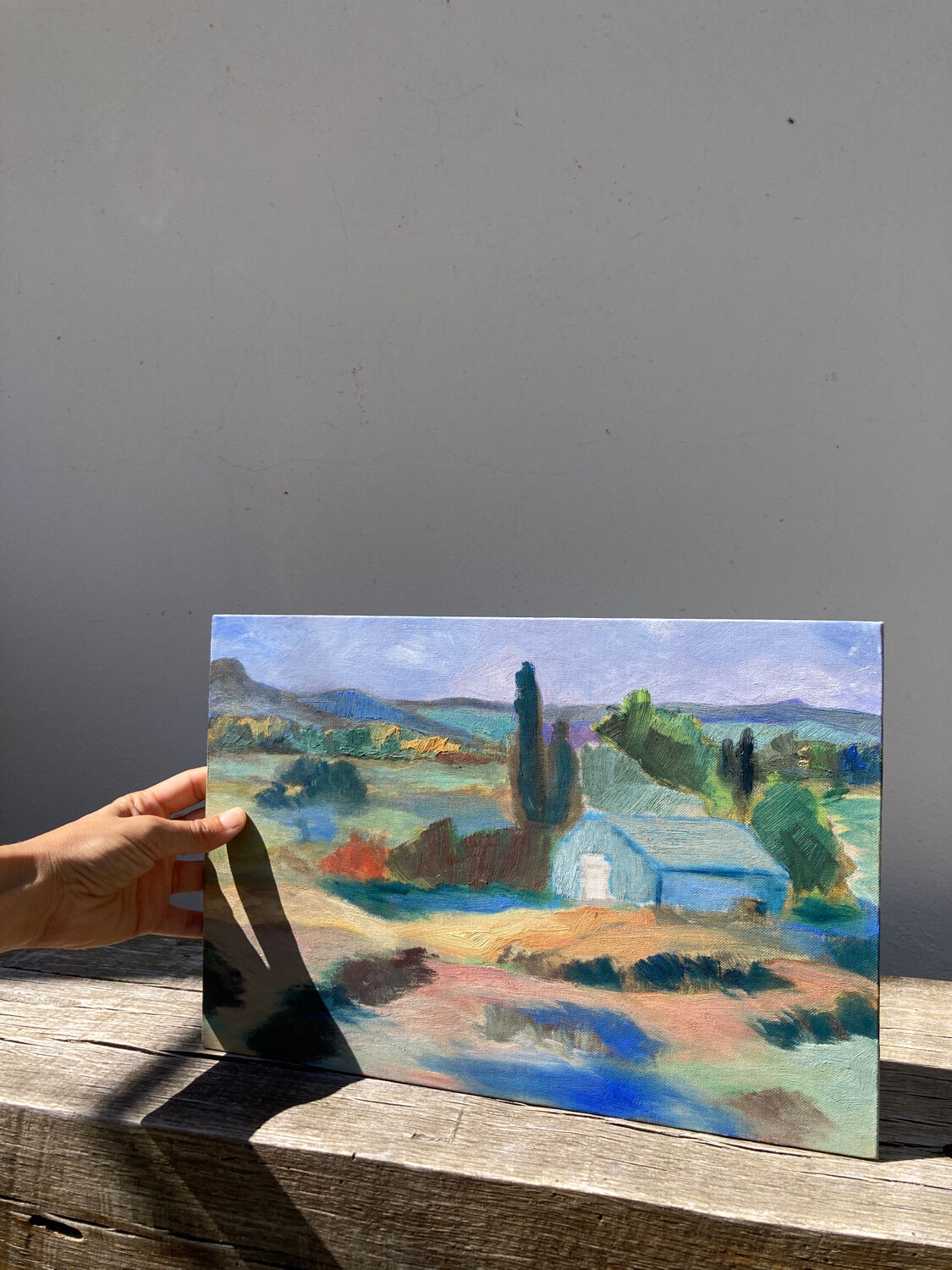 Mediterranean Provencal landscape / expressionist painting / oil painting on wood panel