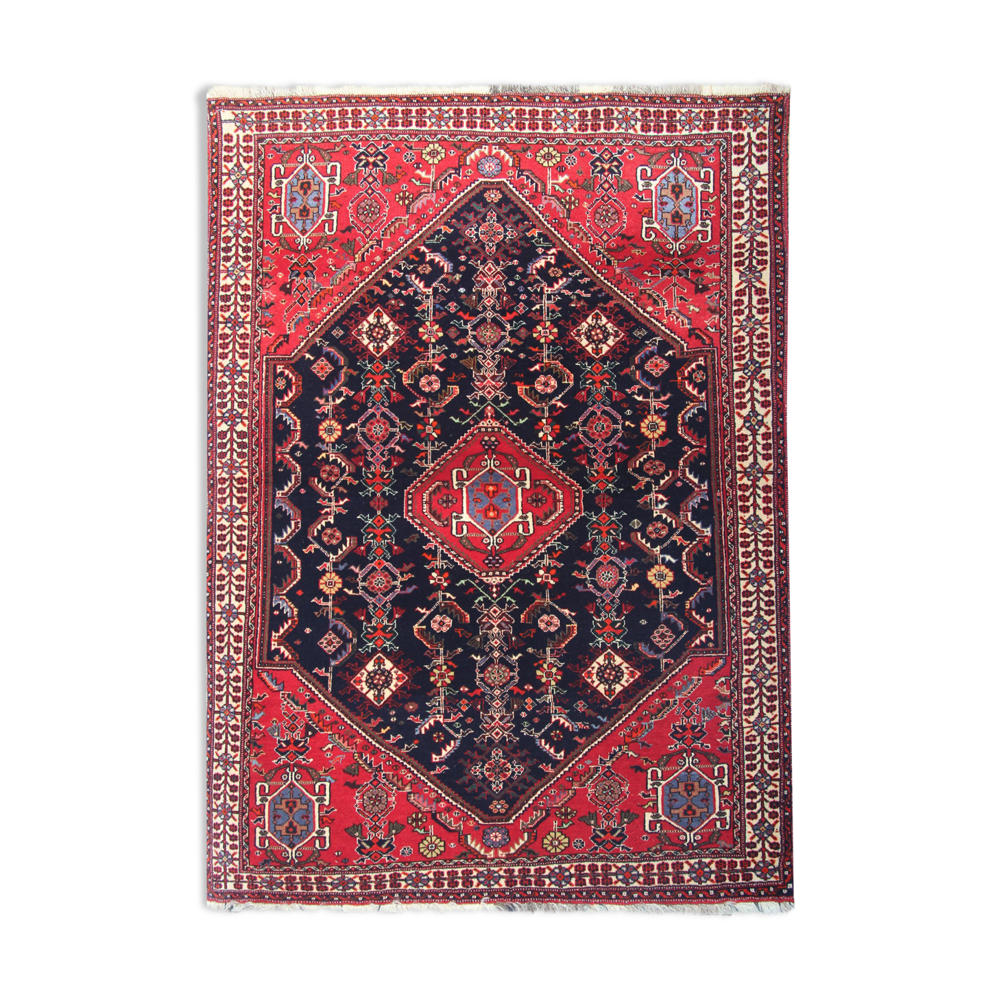 Handmade vintage persian carpet traditional red blue wool carpet - 117x160cm