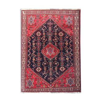 Handmade vintage persian carpet traditional red blue wool carpet - 117x160cm