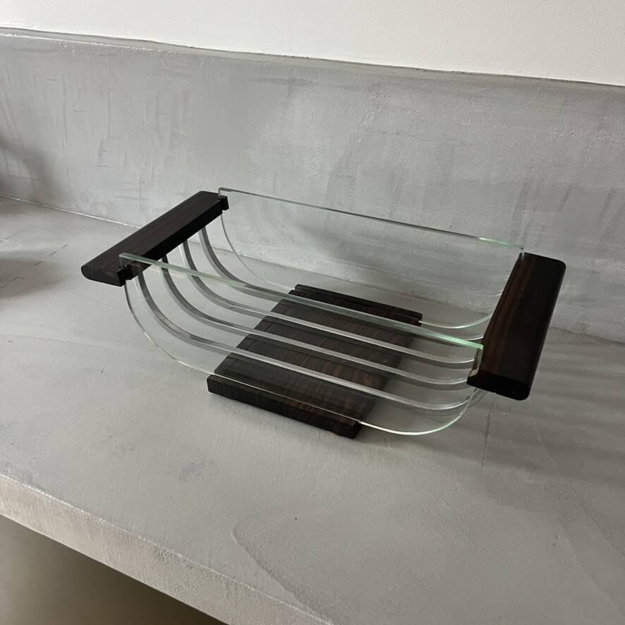 Art Deco fruit bowl or catchall in wood, glass, and metal.