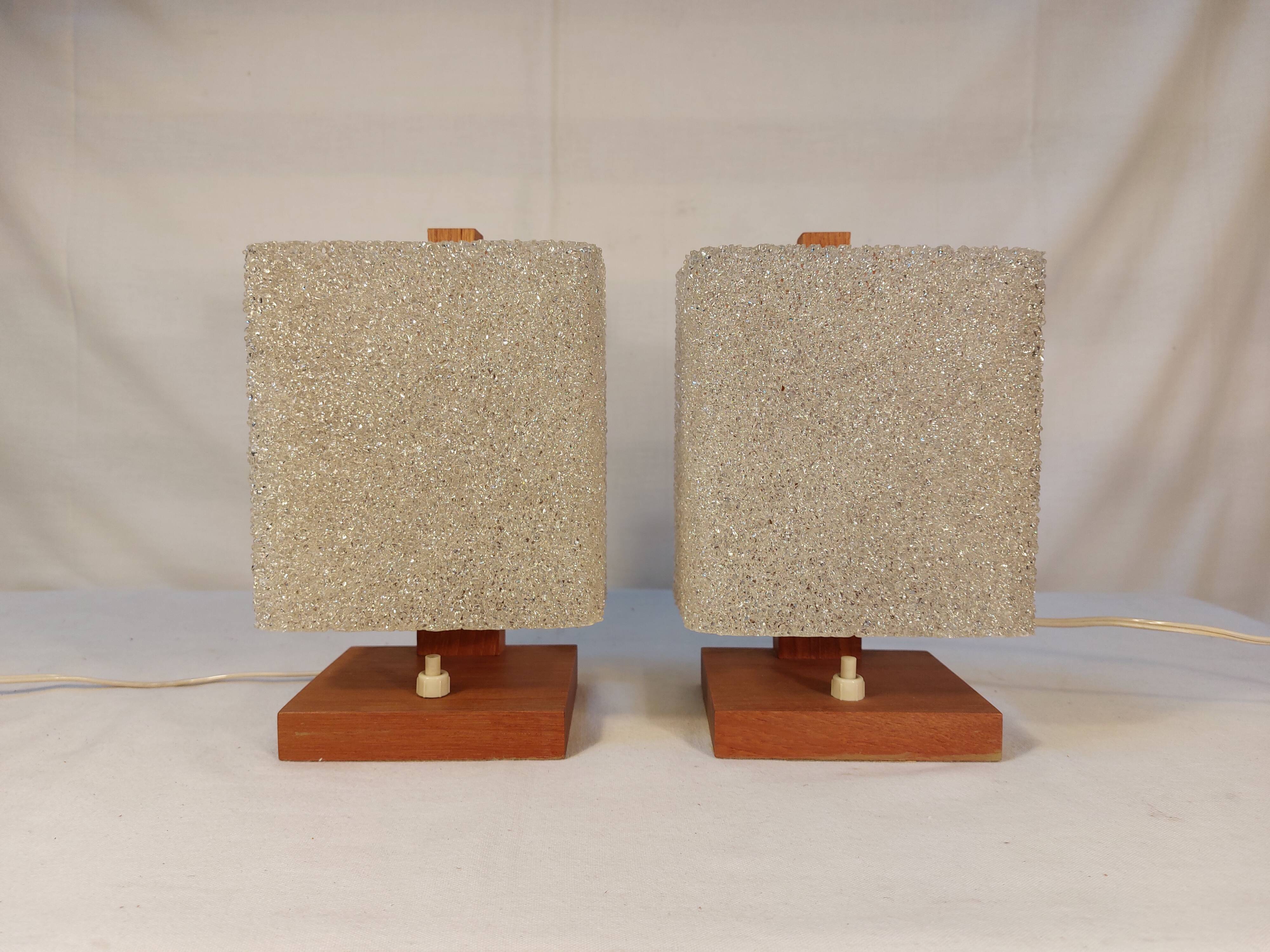 Pair of vintage Scandinavian table lamps in teak and Perspex