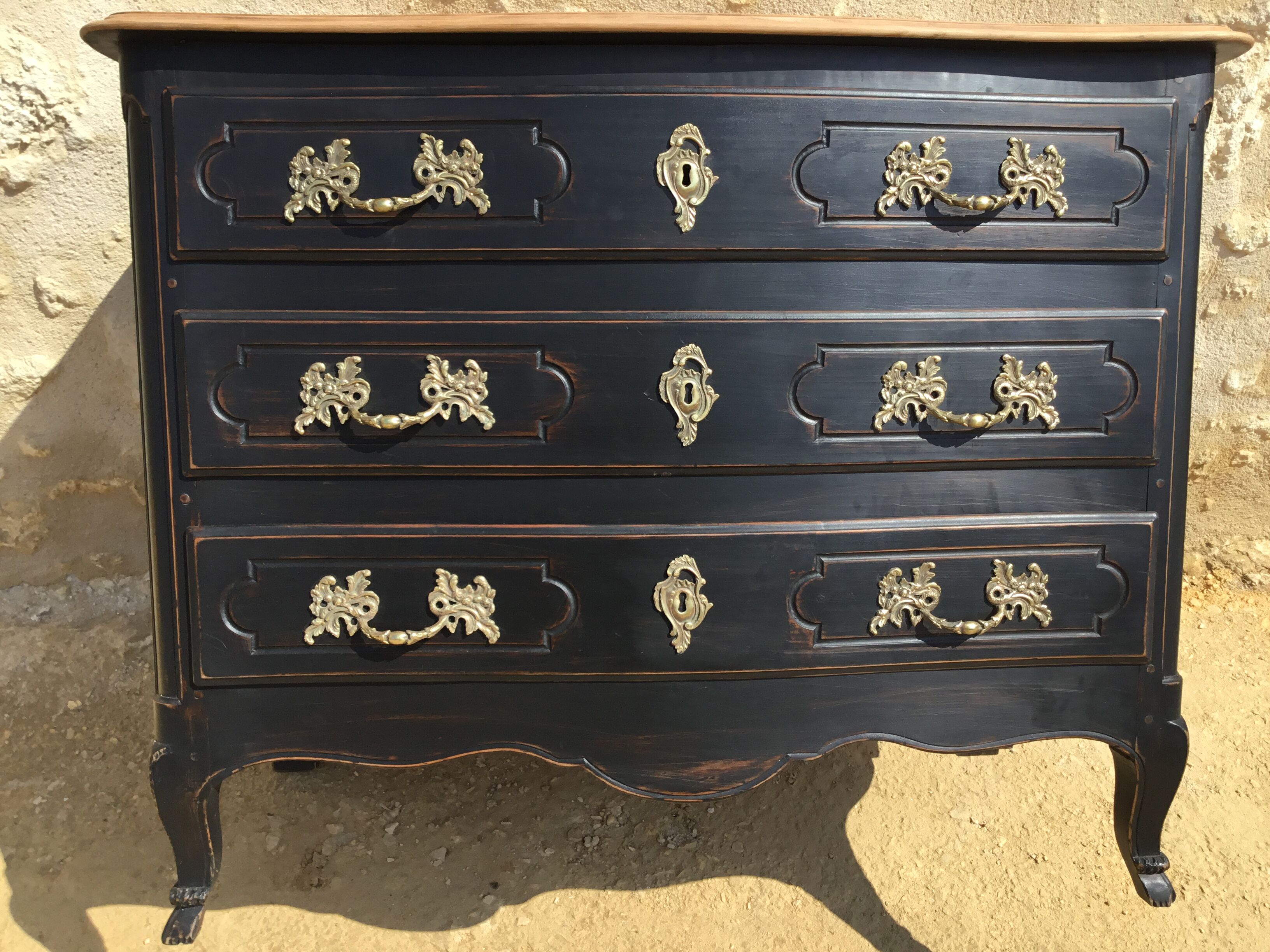 Louis XV style chest of drawers in cherry patinated in black top natural wood