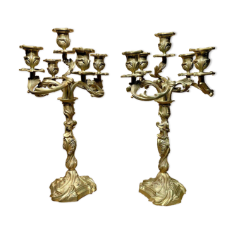 Paire candelabres bronze rocaille style Louis XV epoque napoleon iii