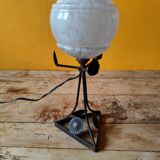 Art Deco lamp in metal and speckled blue opaline glass globe