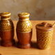 Vintage salt shaker, pepper, mustard and salad cutlery set