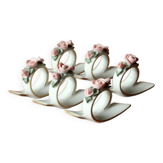 6 handpainted porcelain napkin rings, napkin holders, by Gerold/Bavaria, vintage from the 1960s