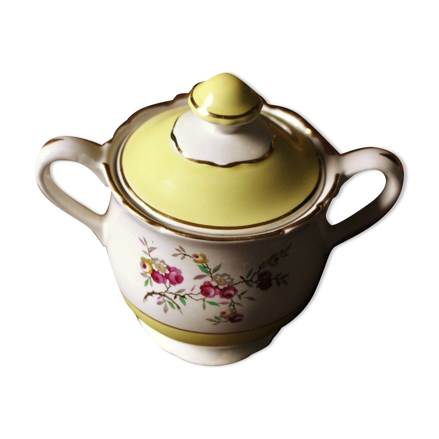 Sugar bowl Lunéville Yellow Gilding Pink flowers