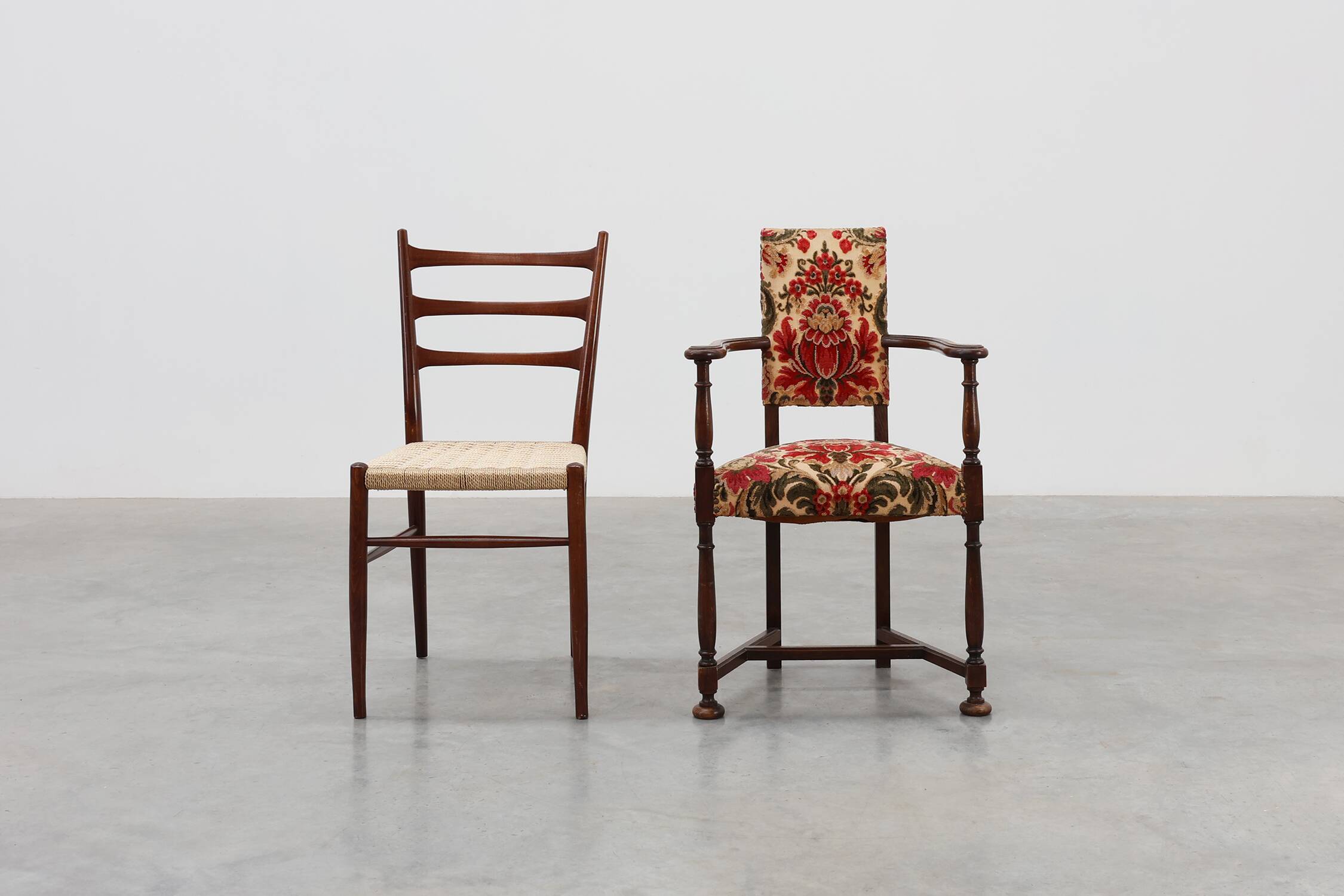 Antique oak Louis XIII style chair with floral upholstery, France ca. 1890