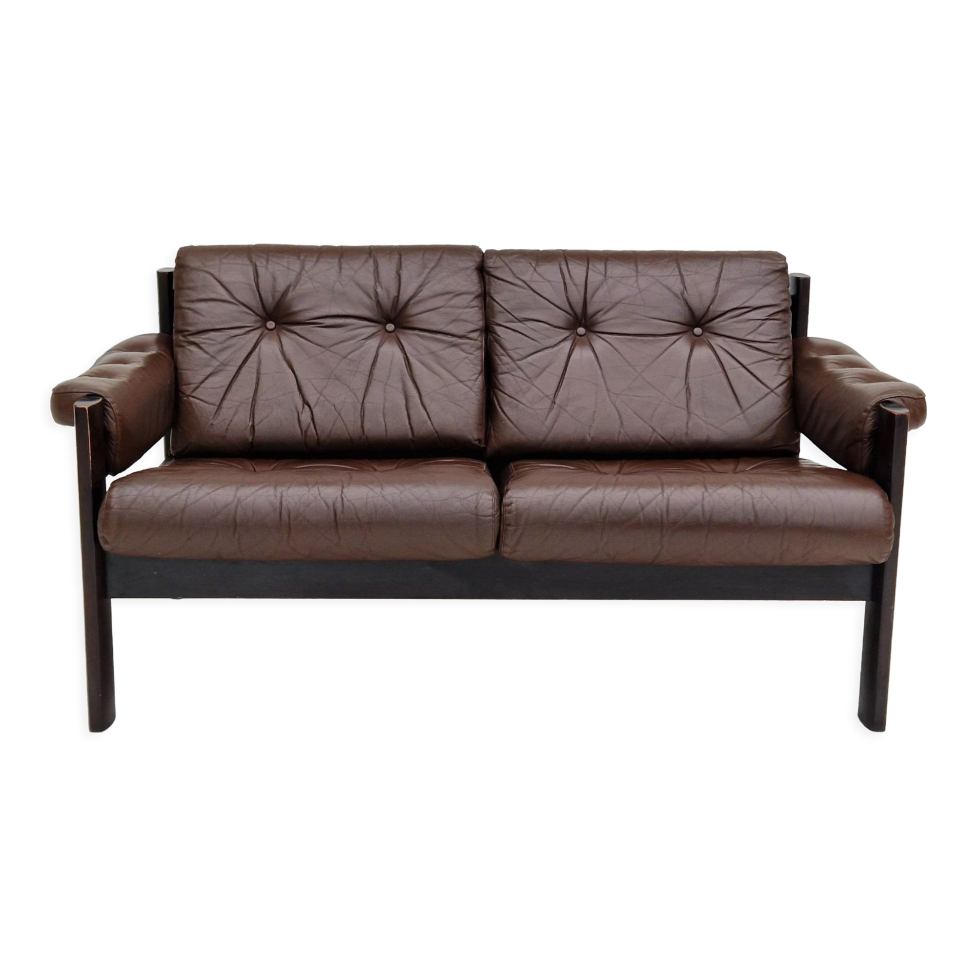 Scandinavian 2-seater sofa, original brown leather, 70s