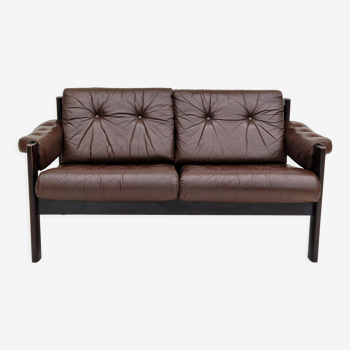 Scandinavian 2-seater sofa, original brown leather, 70s