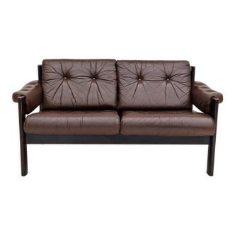 Scandinavian 2-seater sofa, original brown leather, 70s