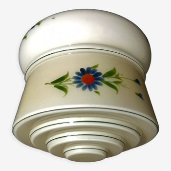 Art deco ceiling lamp in opaque cream glass with painted floral decoration