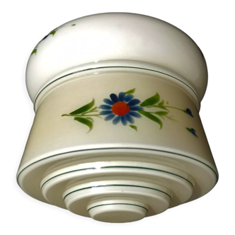 Art deco ceiling lamp in opaque cream glass with painted floral decoration