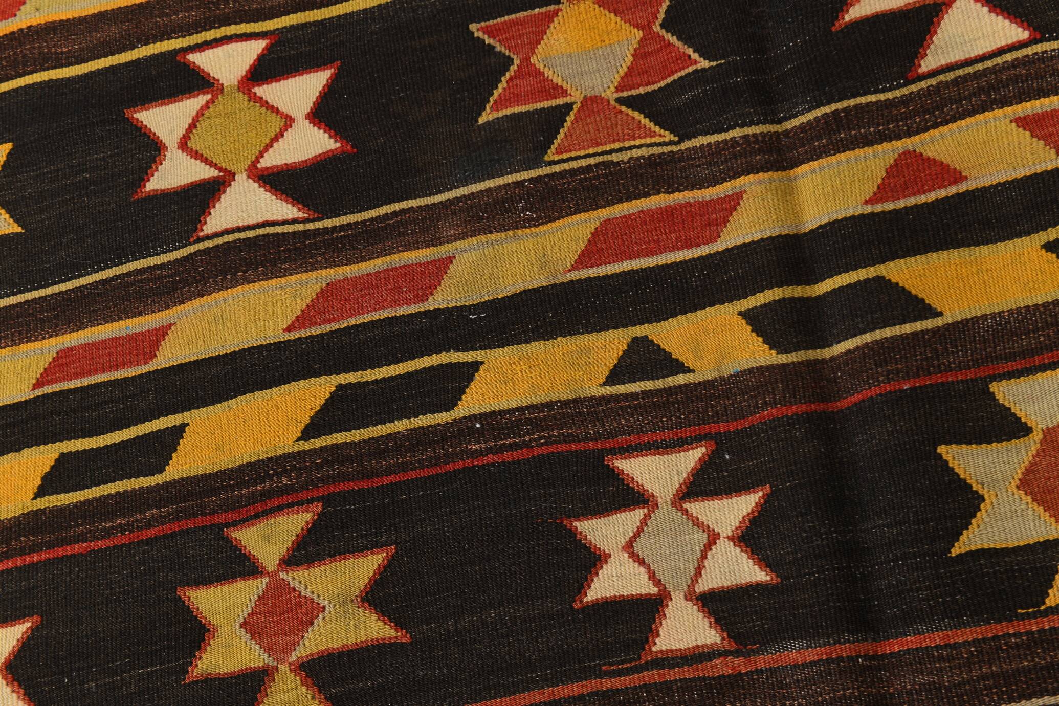 6x10 Dark Brown & Yellow Striped Handmade Wool Kilim Rug, 170x312 Cm