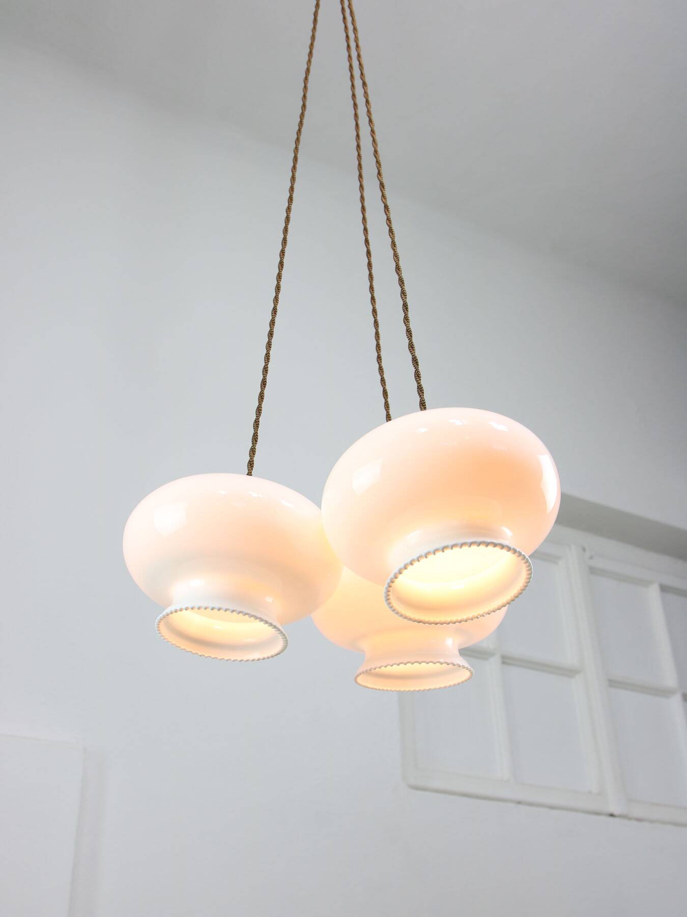 Mid-Century Italian Opaline Glass & Brass Pendant Lamp, set of 3