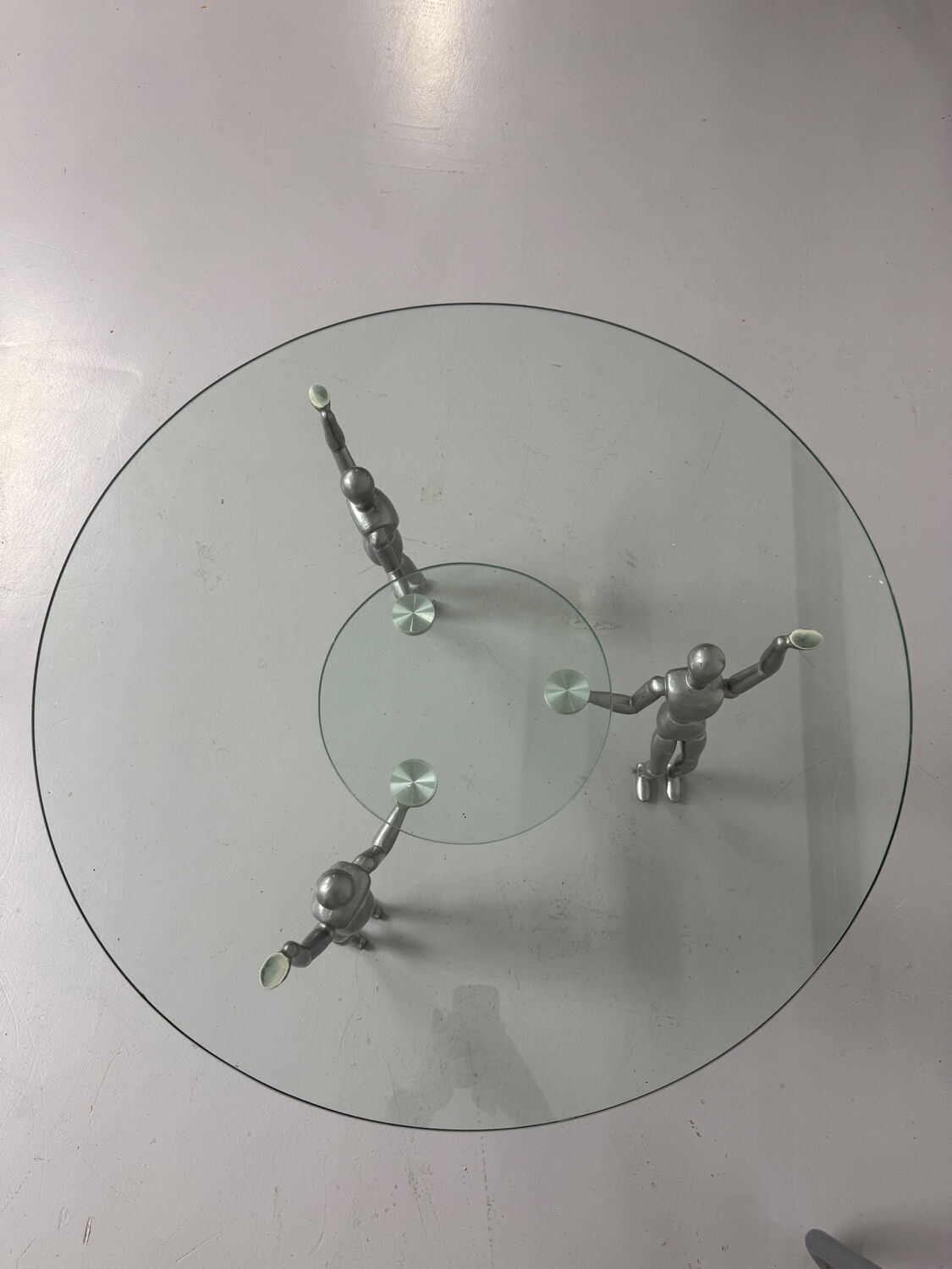 80s design glass and metal coffee table with vintage metal characters