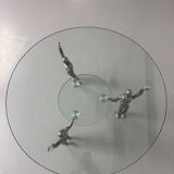 80s design glass and metal coffee table with vintage metal characters