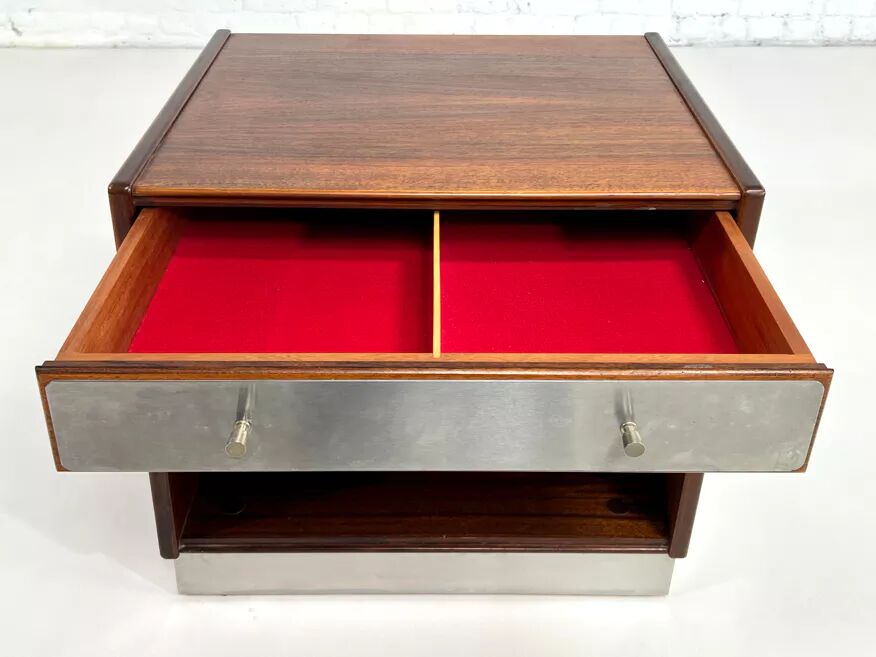 Vintage bedside table in rosewood and brushed aluminum