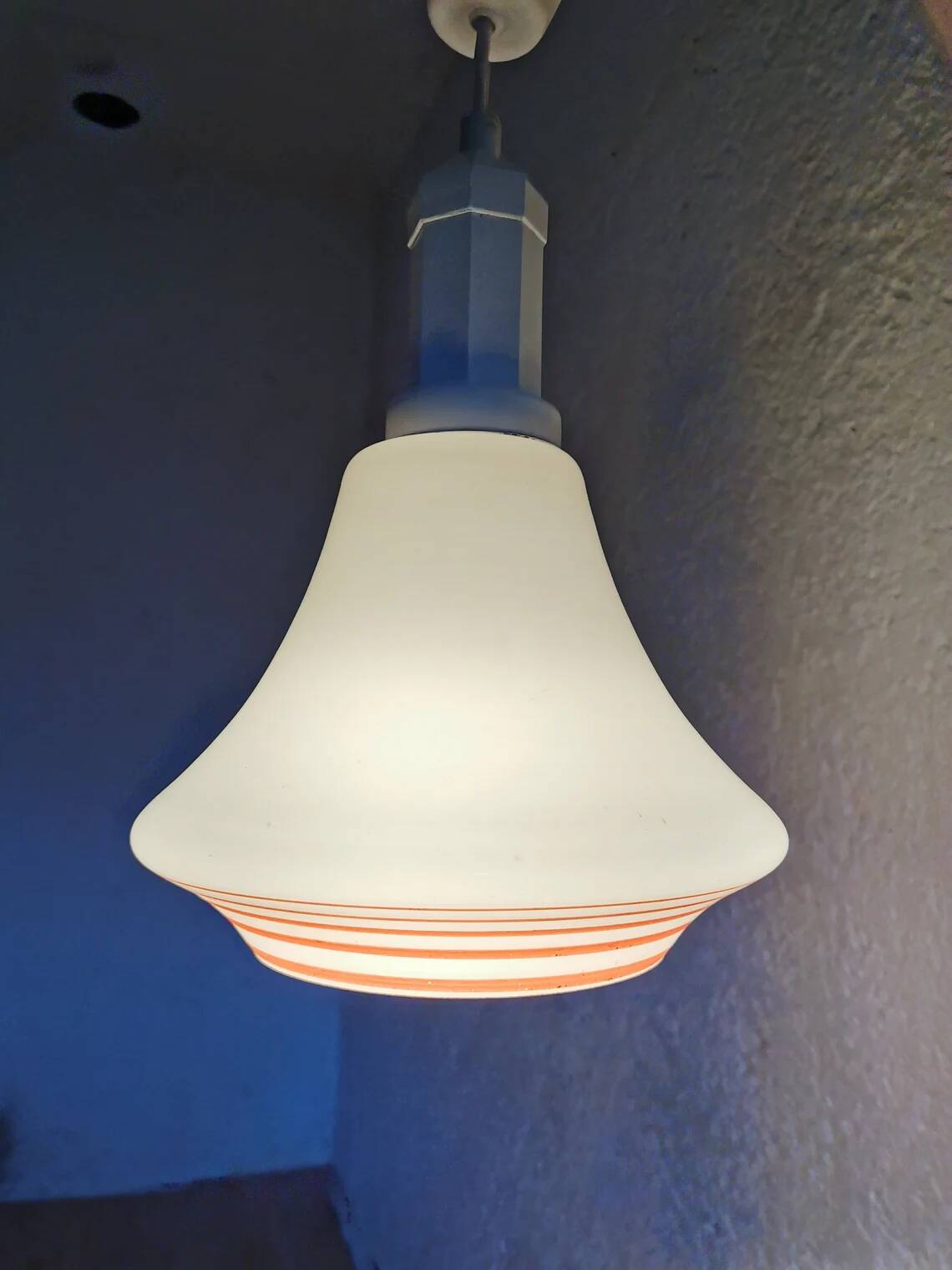 Vintage White Glass Pendant Light: Orange Stripe Retro Lamp