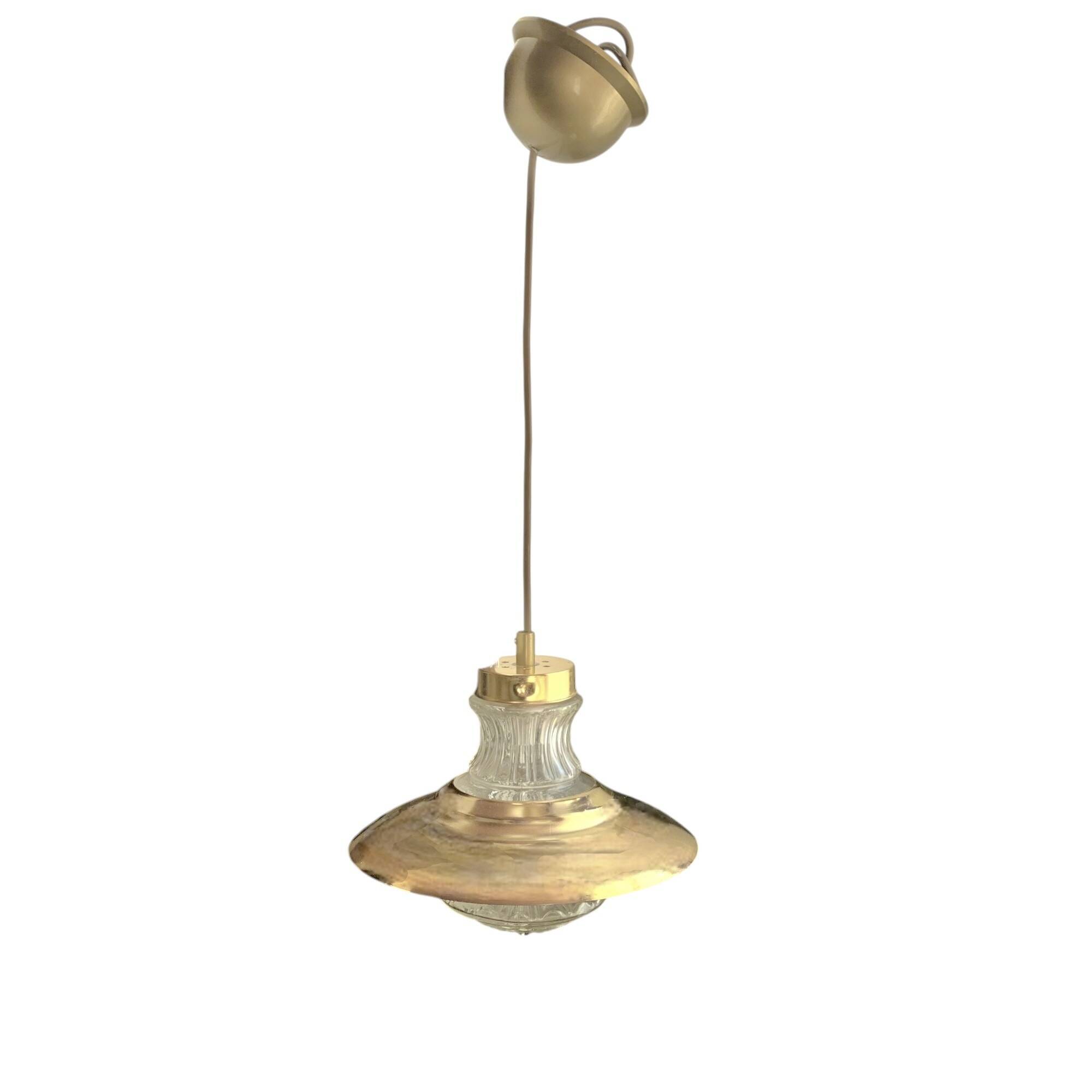 Massive vintage pendant light in gold metal and textured glass -