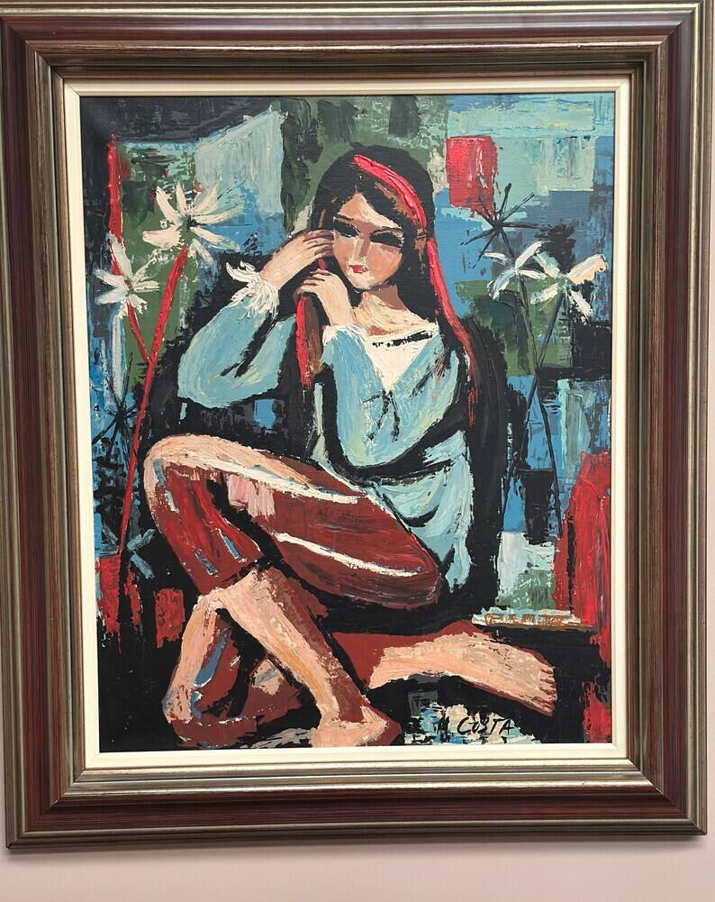 Original Swedish Oil on Canvas - "Portrait of a Young Woman" by M. Costa - Signed - Vintage and Framed - 82.5 × 67.3 cm