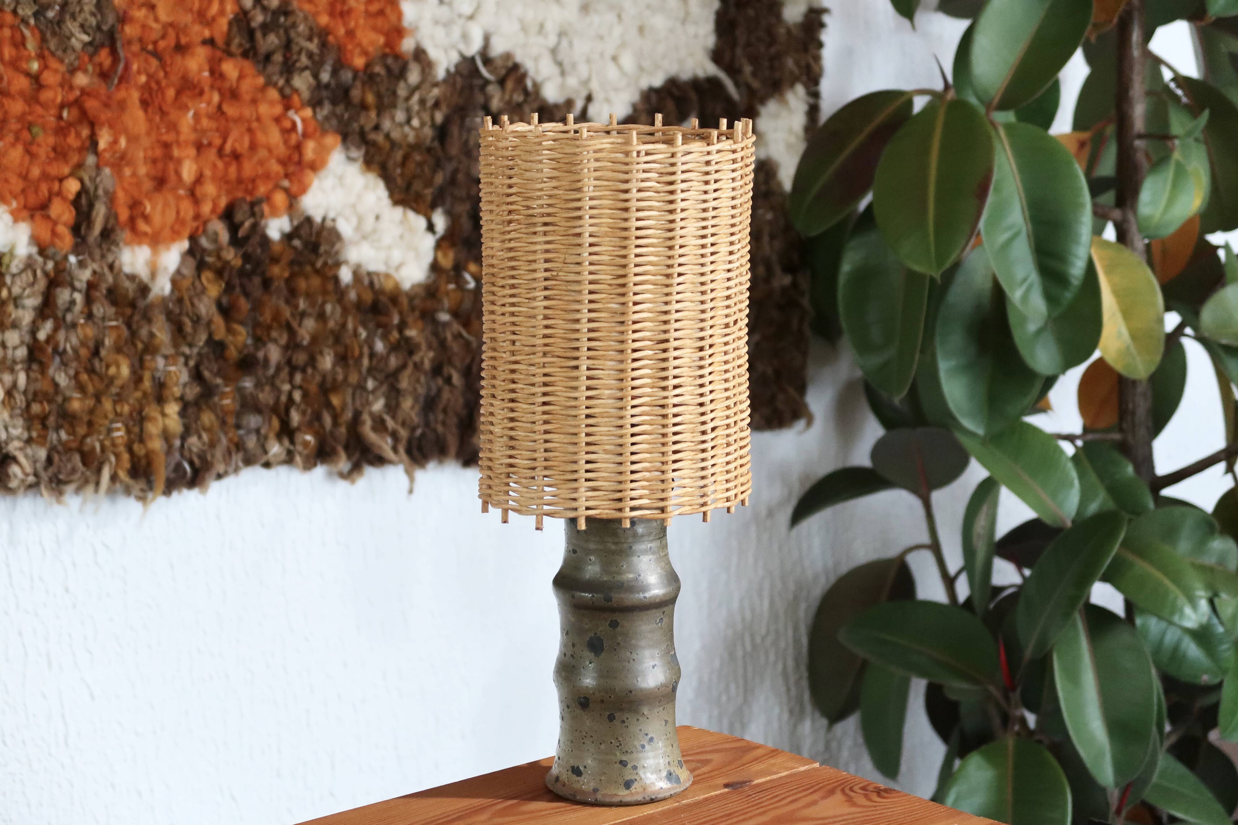 Stoneware lamp signed Rouard, wicker lampshade, 50s