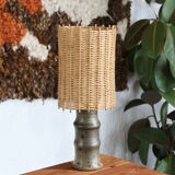 Stoneware lamp signed Rouard, wicker lampshade, 50s