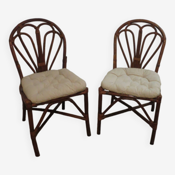 Lot de 2 chaises en bambou et rotin vernis - Vintage - Années 80