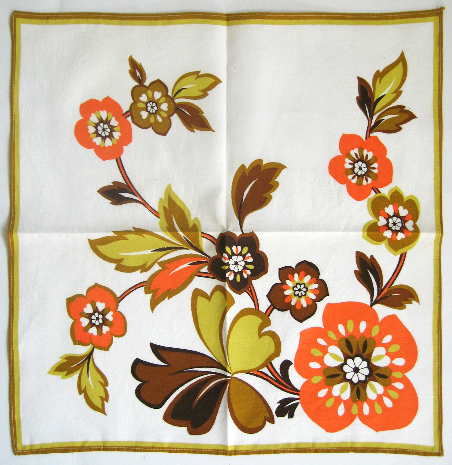 6 cotton napkins, orange and brown flower patterns on a white background - vintage 70s