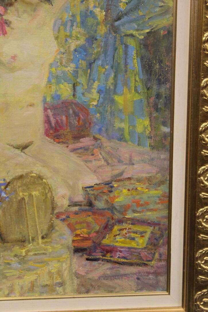 Oil on canvas young woman with a pink knot by riasnianski