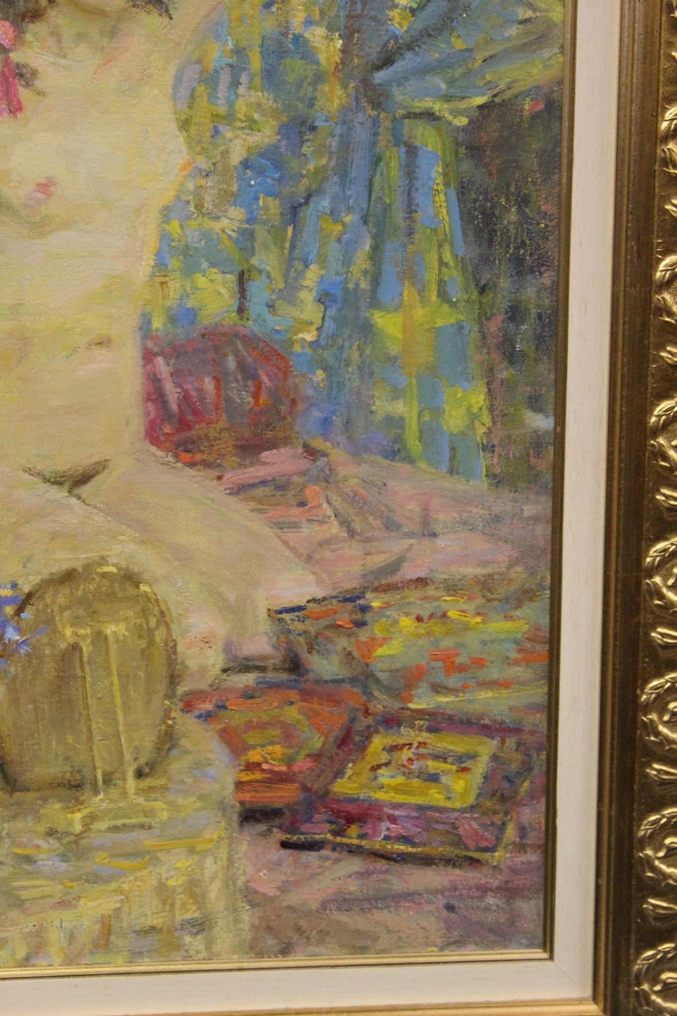 Oil on canvas young woman with a pink knot by riasnianski