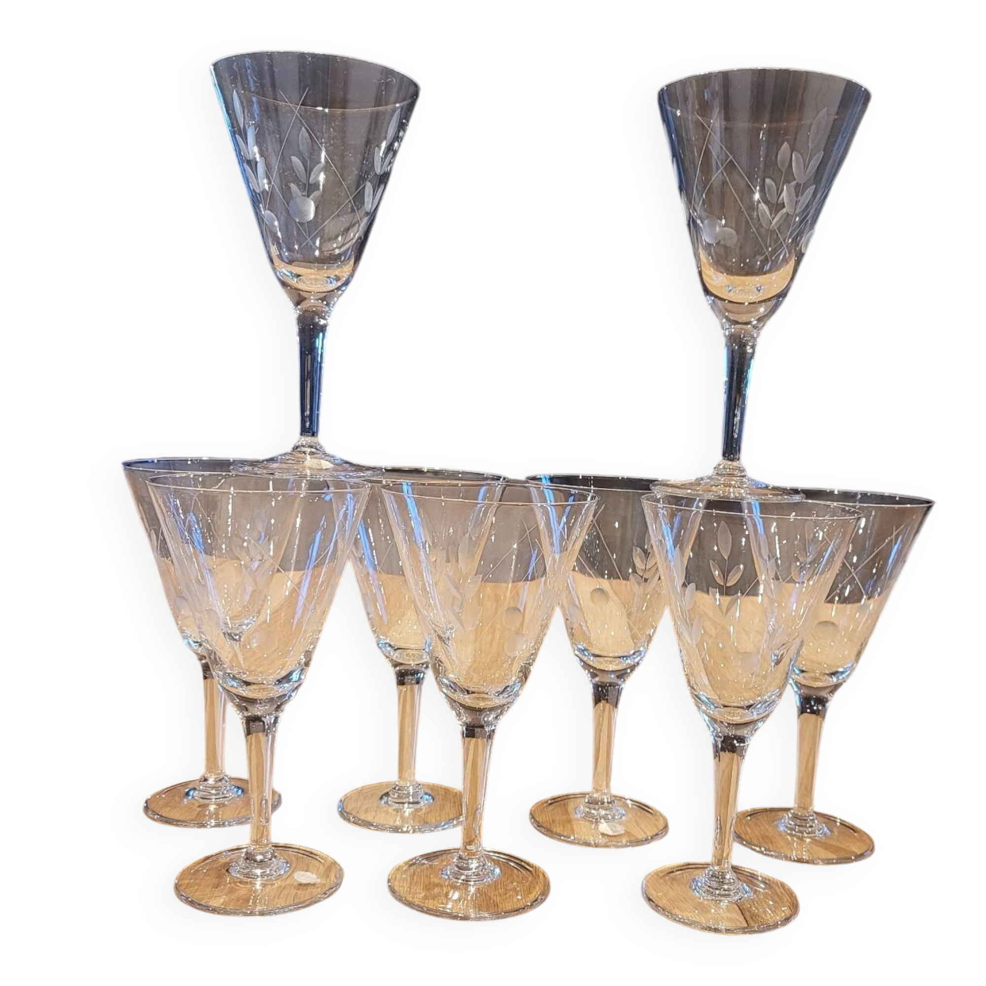 9 crystal stem glasses, vintage, Boussu Belgium