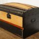 Old-curved wooden trunk - burlap
